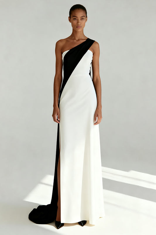 Black and White Sheath One Shoulder Long Formal Dress with Slit