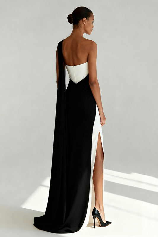 Black and White Sheath One Shoulder Long Formal Dress with Slit