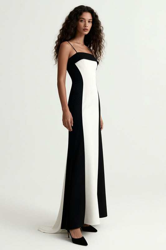 Black and White Patchwork Spaghetti Straps Long Formal Dress