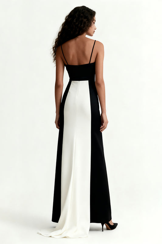 Black and White Patchwork Spaghetti Straps Long Formal Dress
