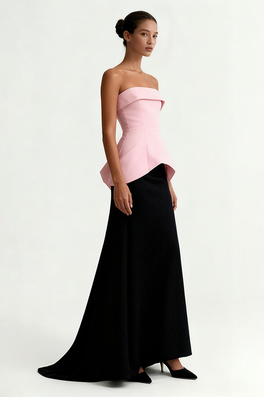 Black and Pink Satin Strapless Sheath Long Formal Dress