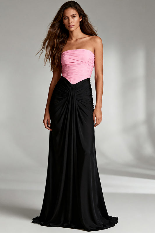Black and Pink Strapless Satin Ruched Long Formal Dress