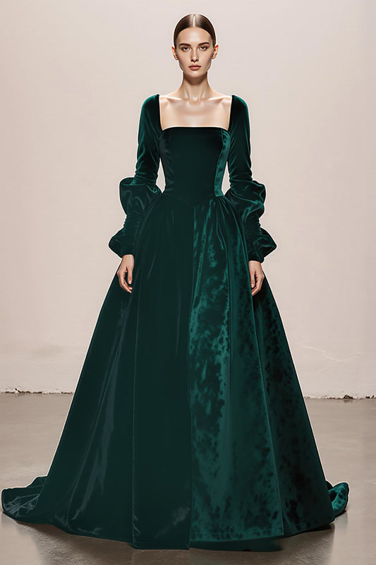 Dark Green Velvet Ball Gown Square Neck Long Holiday Party Dress