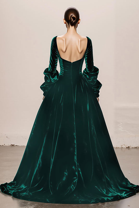 Dark Green Velvet Ball Gown Square Neck Long Holiday Party Dress