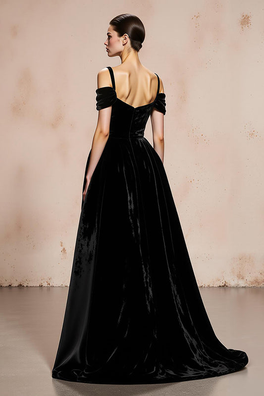 Black Ball Gown Velvet Cold Shoulder Long Holiday Party Dress