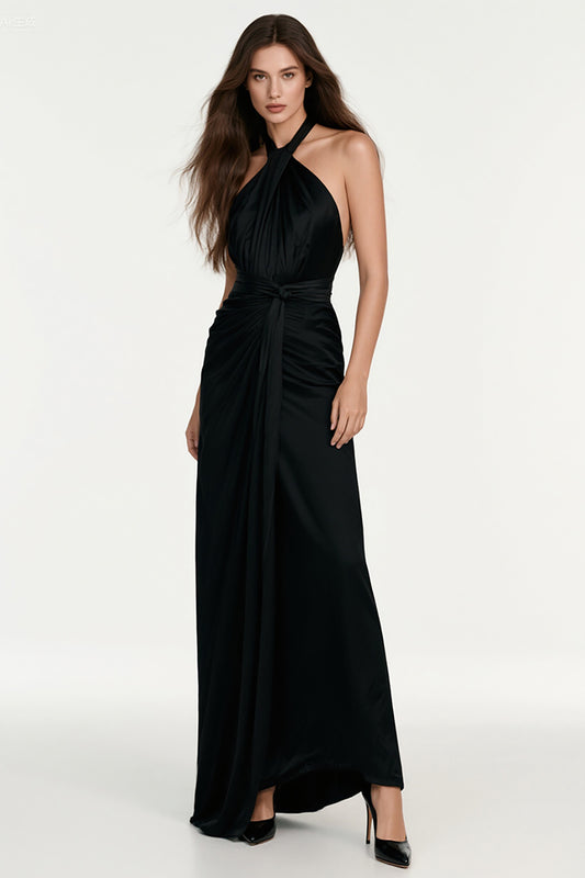 Black Sheath Halter Long Formal Dress with Sash