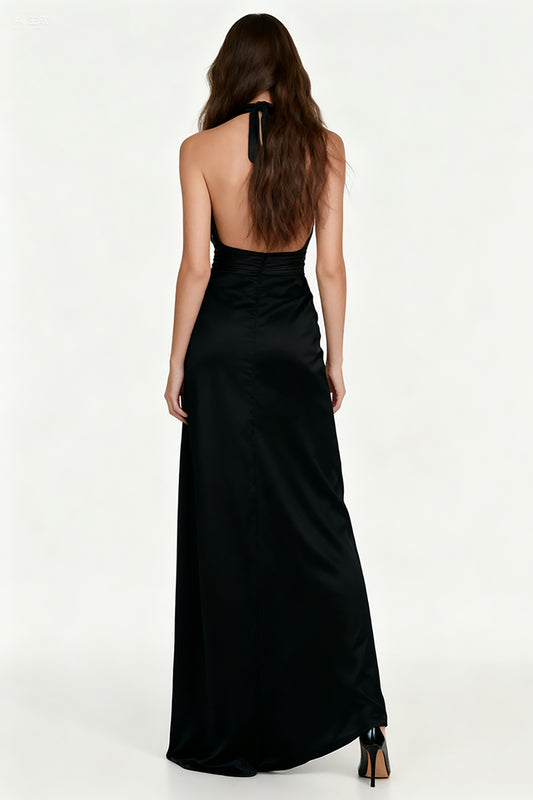 Black Sheath Halter Long Formal Dress with Sash