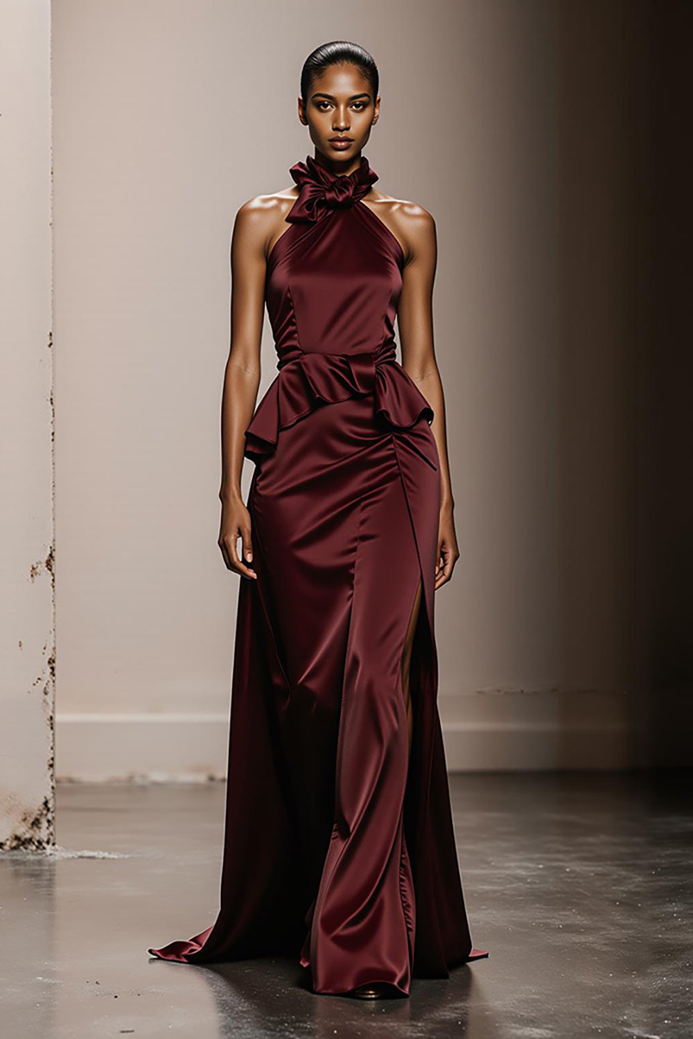 Zapakasa Women Simple Burgundy Satin Long Formal Dress Halter Neck