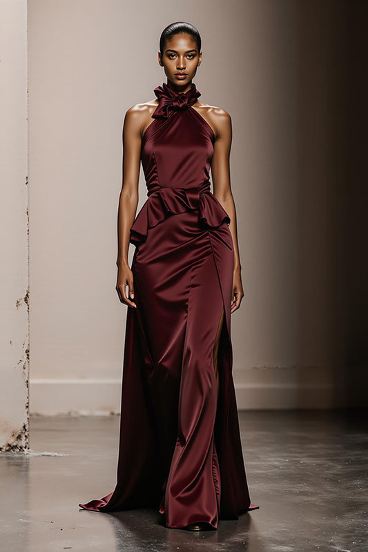 Simple Burgundy Halter Neck Satin Long Formal Dress