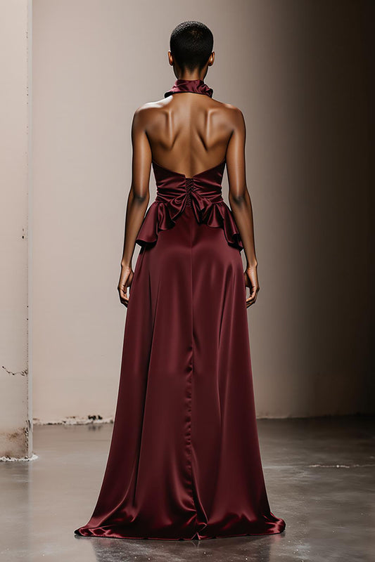 Simple Burgundy Halter Neck Satin Long Formal Dress