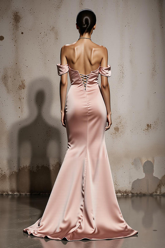 Light Pink Satin Mermaid Off the Shoulder Long Formal Dress