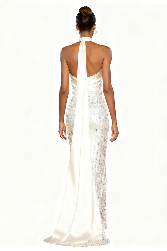 Sparkly White Mermaid Sequins Halter Long Formal Dress