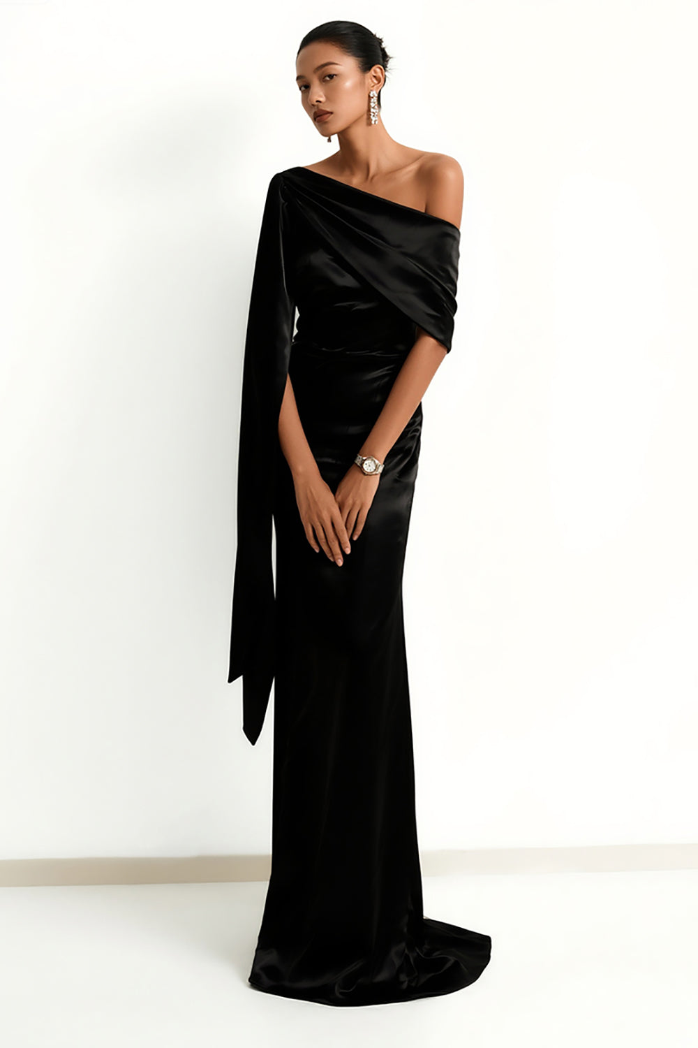 Zapakasa Women Black Satin Long Formal Dress with Side Cape One Shoulder Mermaid Backless Ruched Evening Dress Zapakasa Women Black Satin Long Formal Dress with Side Cape One Shoulder Mermaid Backless Ruched Evening Dress
