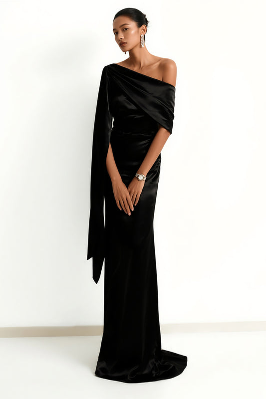 Black Mermaid Satin One Shoulder Long Formal Dress with Side Cape