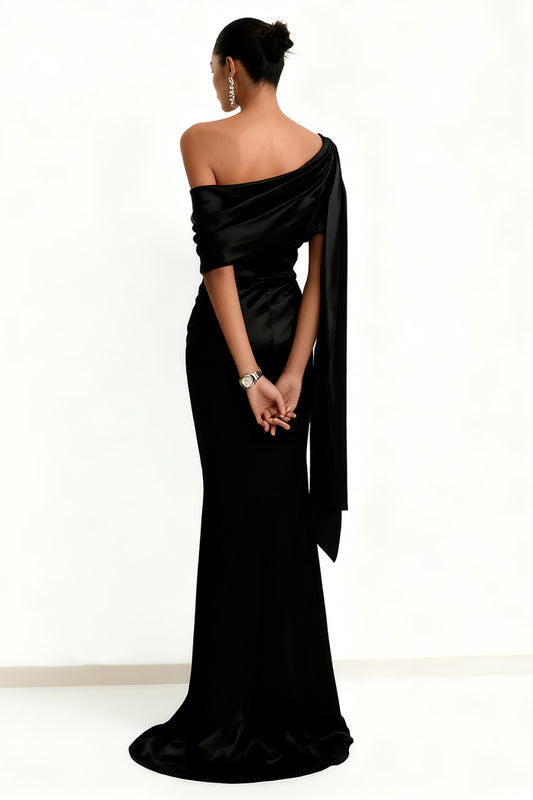 Black Mermaid Satin One Shoulder Long Formal Dress with Side Cape