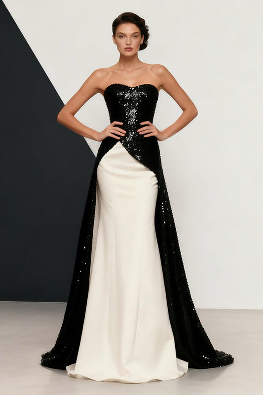 Sparkly Black and White Sequins Mermaid Strapless Long Formal Dress