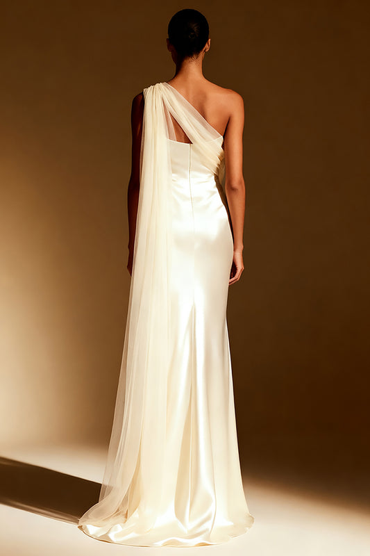 White Mermaid Satin One Shoulder Long Formal Dress with Side Cape