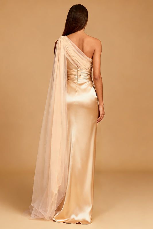 Champagne Satin Mermaid One Shoulder Ruched Long Formal Dress with Slit