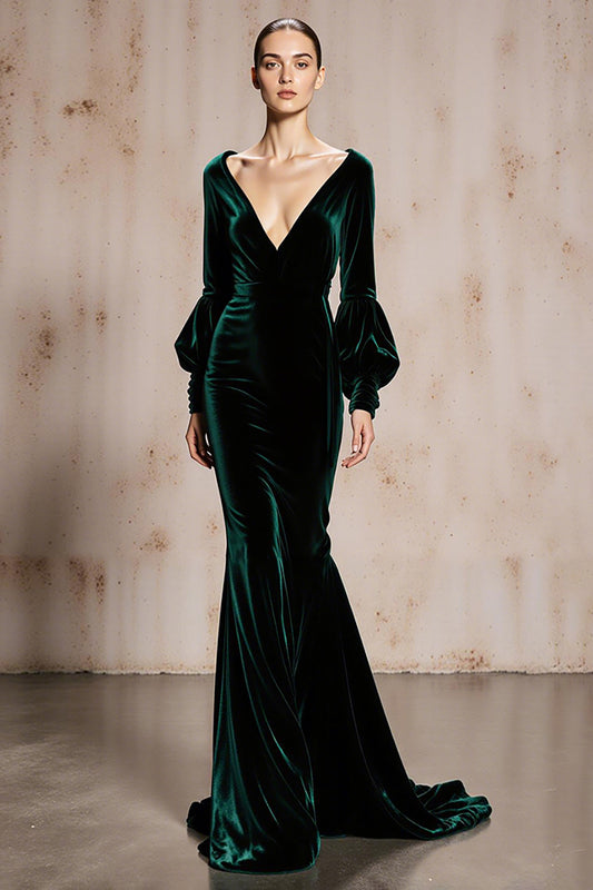 Dark Green Velvet Mermaid V-Neck Long Sleeves Holiday Party Dress