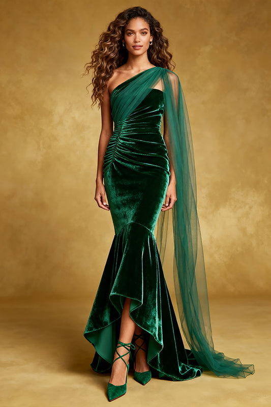 Dark Green Velvet Mermaid Ruffled Long Holiday Party Dress with Cape
