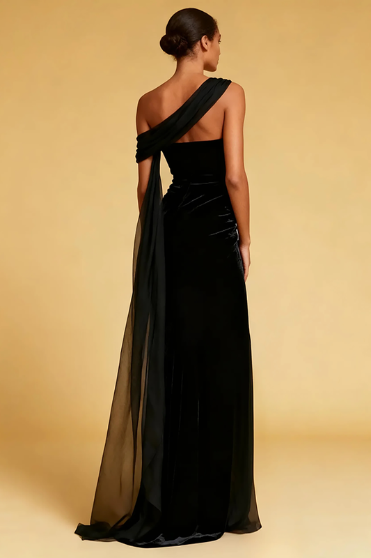Black Mermaid One Shoulder Long Formal Dress with Slit