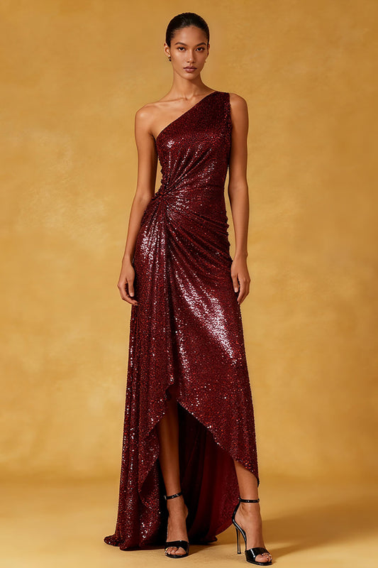 Sparkly Burgundy Sequin Ruched High-Low Formal Dress