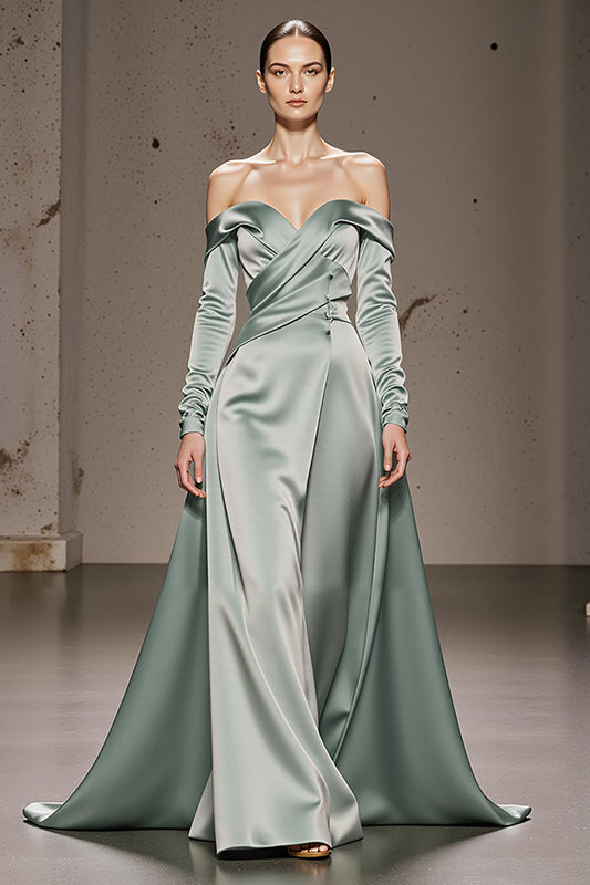 Mint Green Satin Off the Shoulder Long Formal Dress with Sleeves