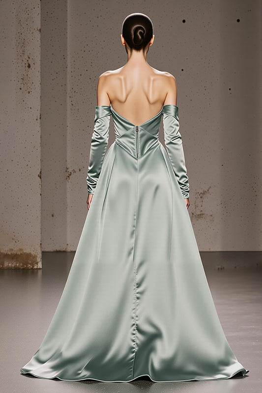 Mint Green Satin Off the Shoulder Long Formal Dress with Sleeves