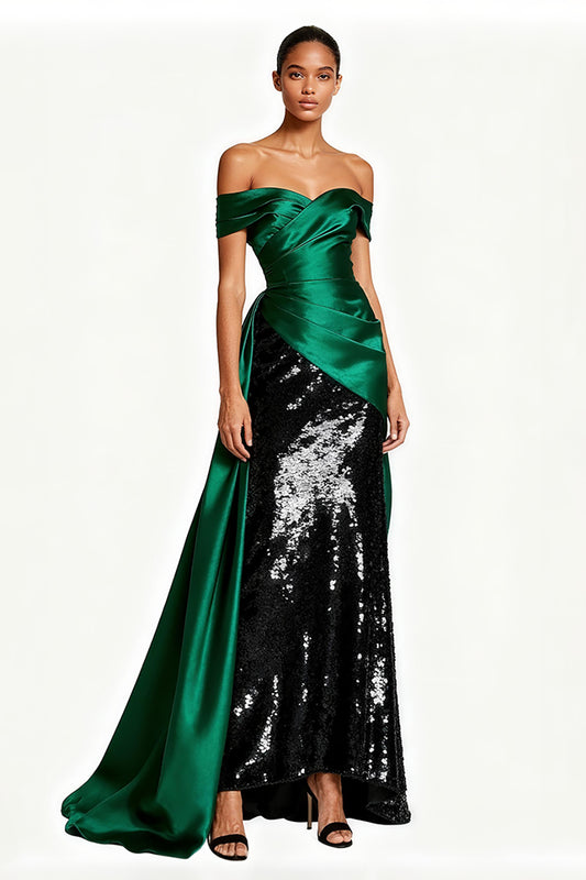 Sparkly Dark Green Off the Shoulder Long Formal Dress