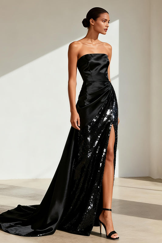 Sparkly Black Strapless Satin Long Formal Dress with Slit