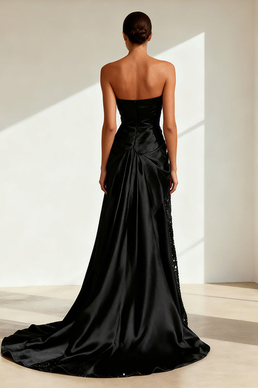 Sparkly Black Strapless Satin Long Formal Dress with Slit