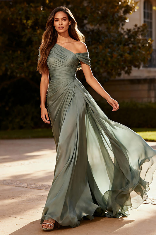 Simple Dusty Sage Chiffon Long Formal Dress with Side Cape A Line One Shoulder Ruched Evening Dress