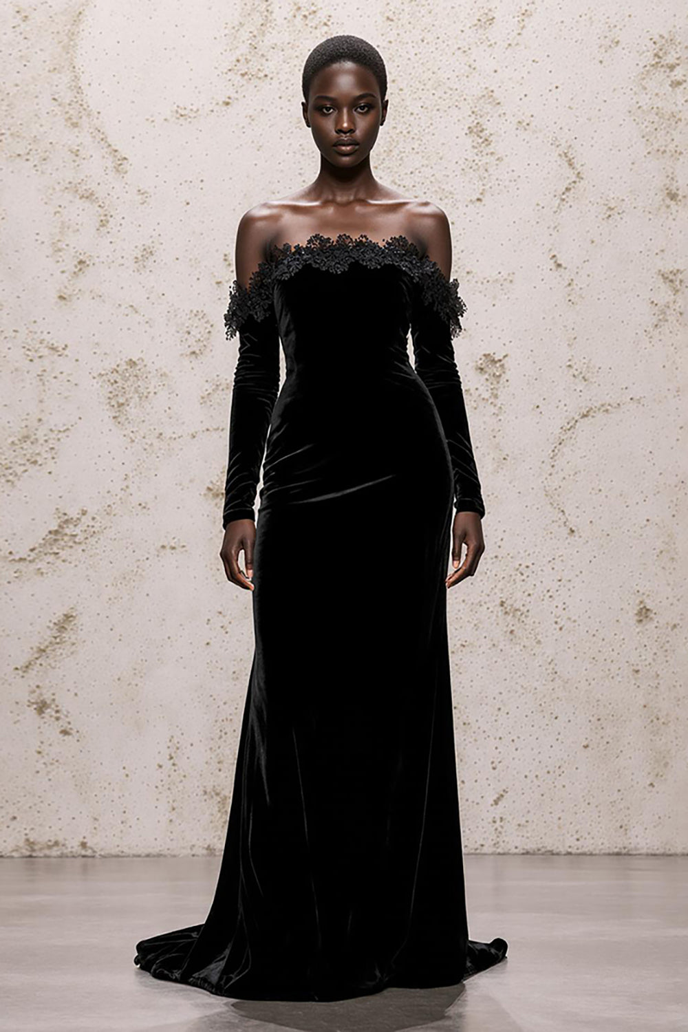 Zapakasa Women Black Velvet Long Sleeves Holiday Party Dress with Lace