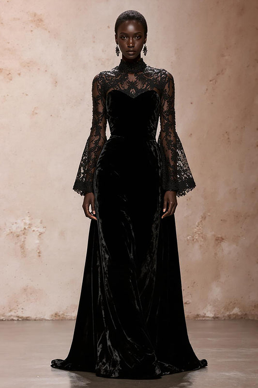 Black Velvet Sheath High Neck Lace Long Sleeves Holiday Party Dress