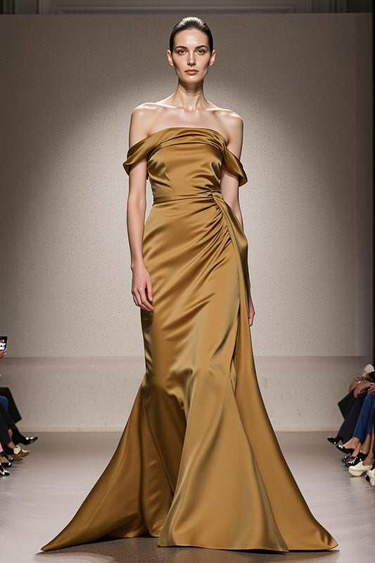 Yellow Satin Mermaid Off the Shoulder Ruched Long Formal Dress