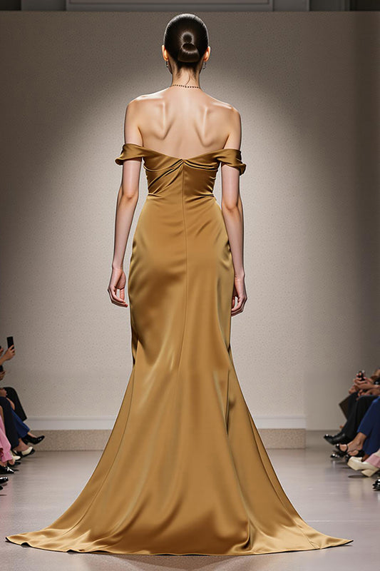 Yellow Satin Mermaid Off the Shoulder Ruched Long Formal Dress
