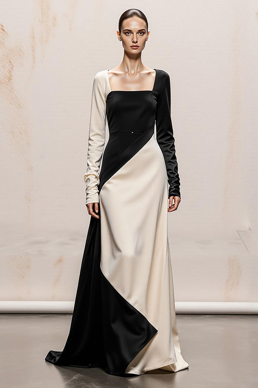 Black and White Satin Sheath Square Neck Long Sleeves Formal Dress
