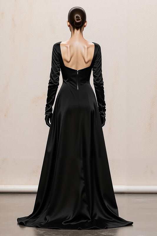 Black and White Satin Sheath Square Neck Long Sleeves Formal Dress