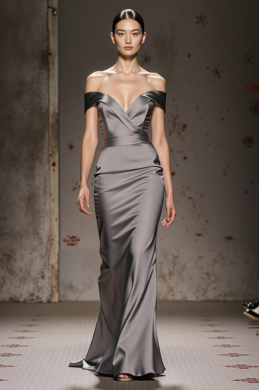 Silver Satin Mermaid Off the Shoulder Long Formal Dress