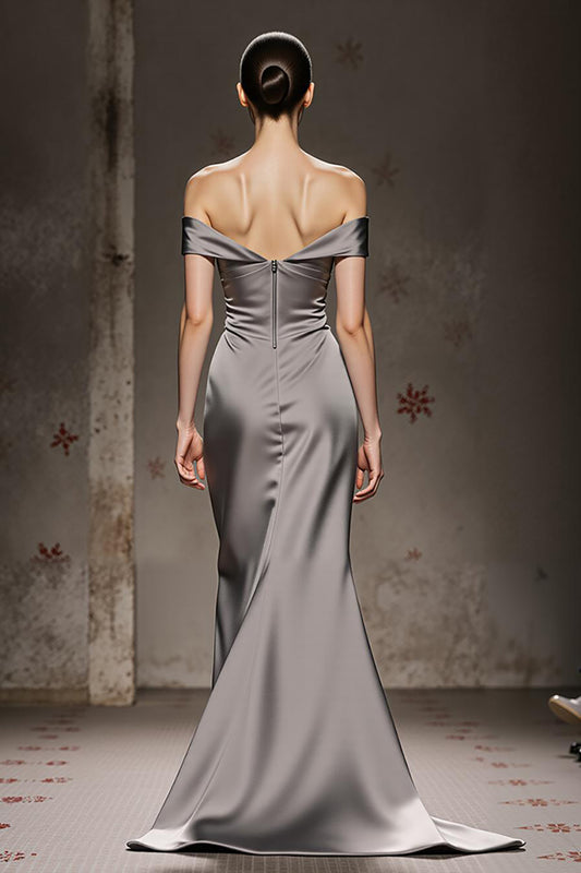 Silver Satin Mermaid Off the Shoulder Long Formal Dress