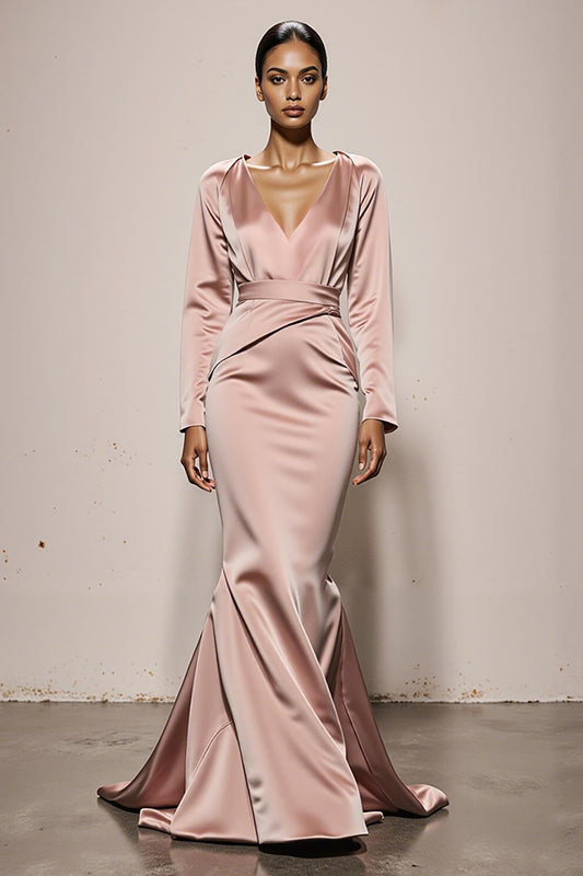 Light Pink Satin Mermaid V-Neck Backless Long Sleeves Formal Dress
