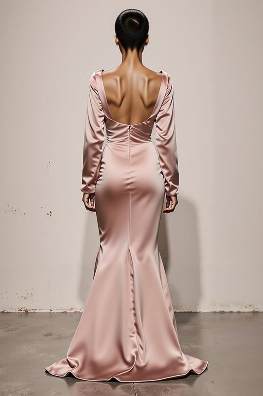 Light Pink Satin Mermaid V-Neck Backless Long Sleeves Formal Dress