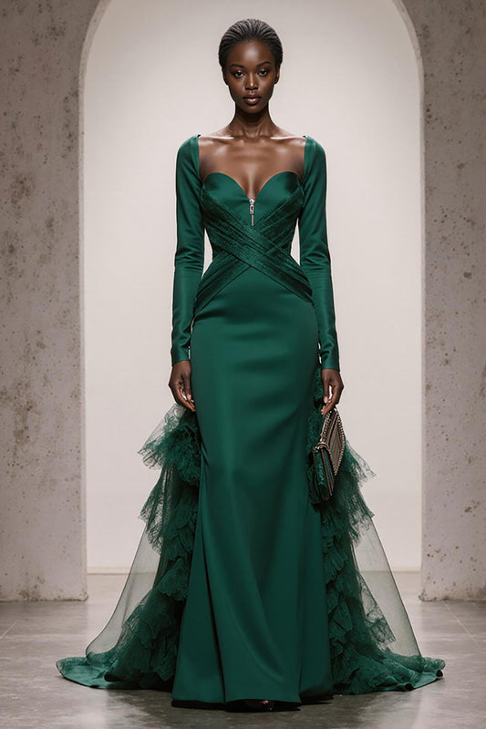 Dark Green Satin Long Sleeves Formal Dress with Ruffles Sweetheart Mermaid Backless Evening Dress
