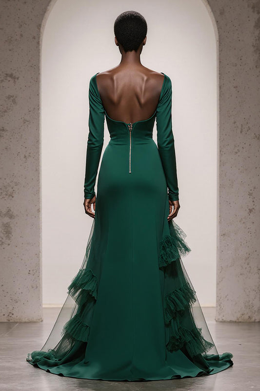 Dark Green Satin Mermaid Sweetheart Long Sleeves Formal Dress with Ruffles