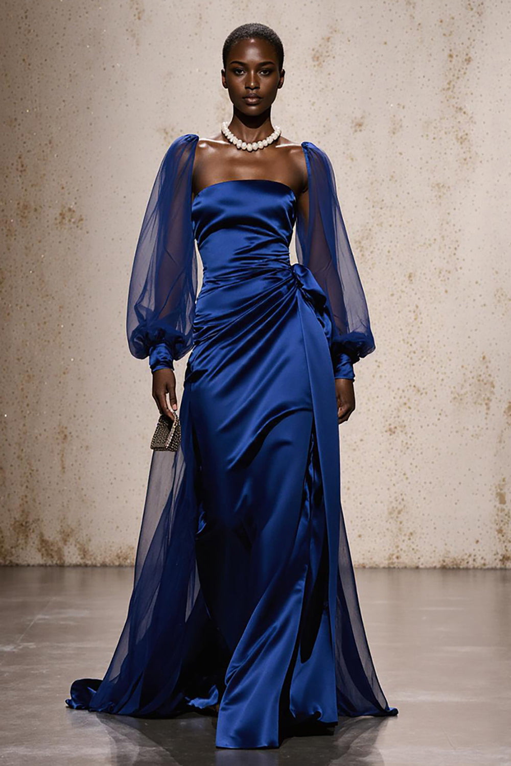 Zapakasa Women Royal Blue Mermaid Long Sleeves Formal Dress with Sash Satin Strapless Ruched Backless Evening Dress Zapakasa Women Royal Blue Mermaid Long Sleeves Formal Dress with Sash Satin Strapless Ruched Backless Evening Dress