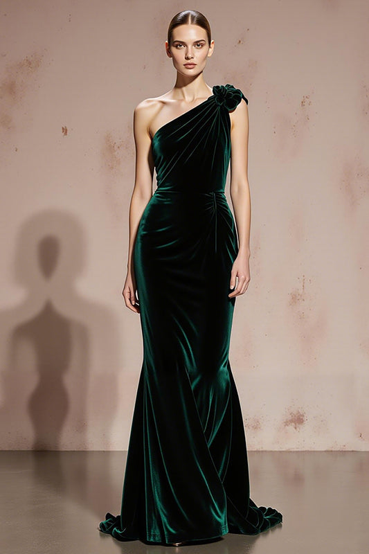Dark Green Velvet Mermaid One Shoulder Long Holiday Party Dress with 3D Flower