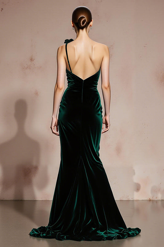 Dark Green Velvet Mermaid One Shoulder Long Holiday Party Dress with 3D Flower