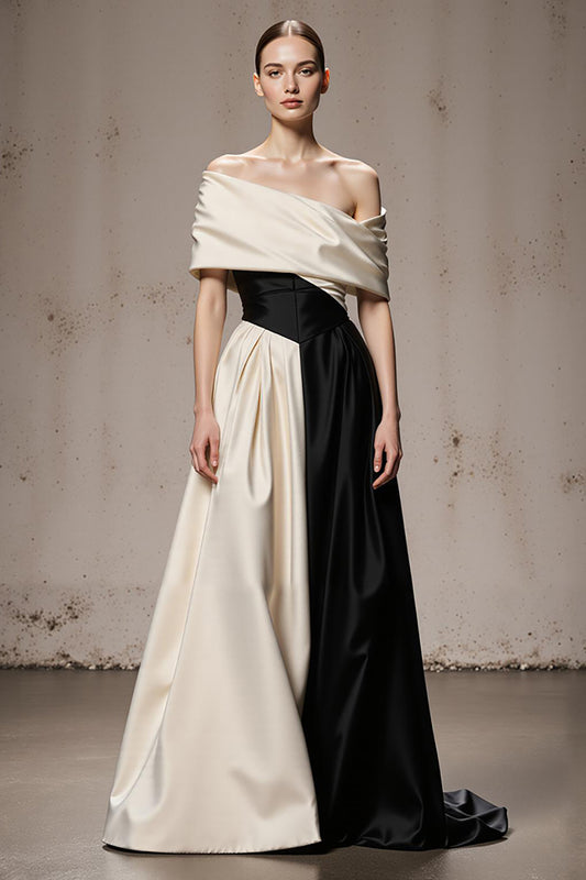 Black and White Satin A Line Off the Shoulder Patchwork Long Formal Dress