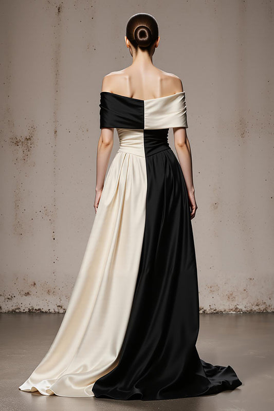 Black and White Satin A Line Off the Shoulder Patchwork Long Formal Dress