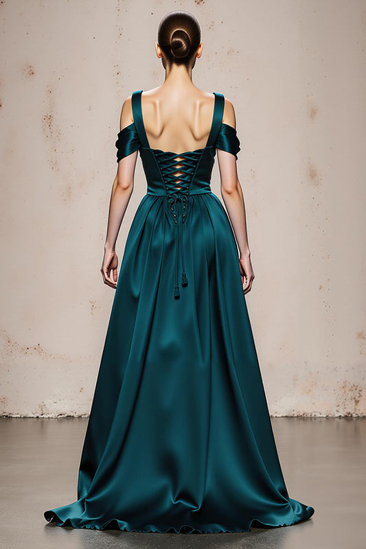 Peacock Blue A Line Satin Cold Shoulder Long Formal Dress